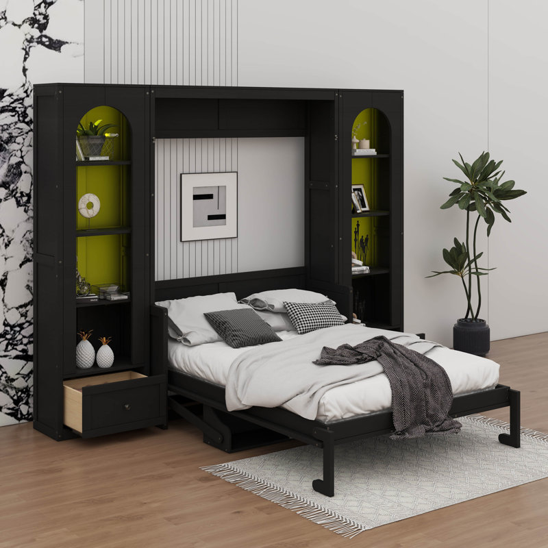 Grand lit escamotable efficace avec armoires de rangement intégrées, tiroirs coulissants, éclairage à DEL et options de tablettes
