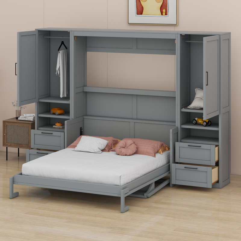 Lit escamotable Murphy avec placard, tiroirs et tablettes, Gris, Grand lit
