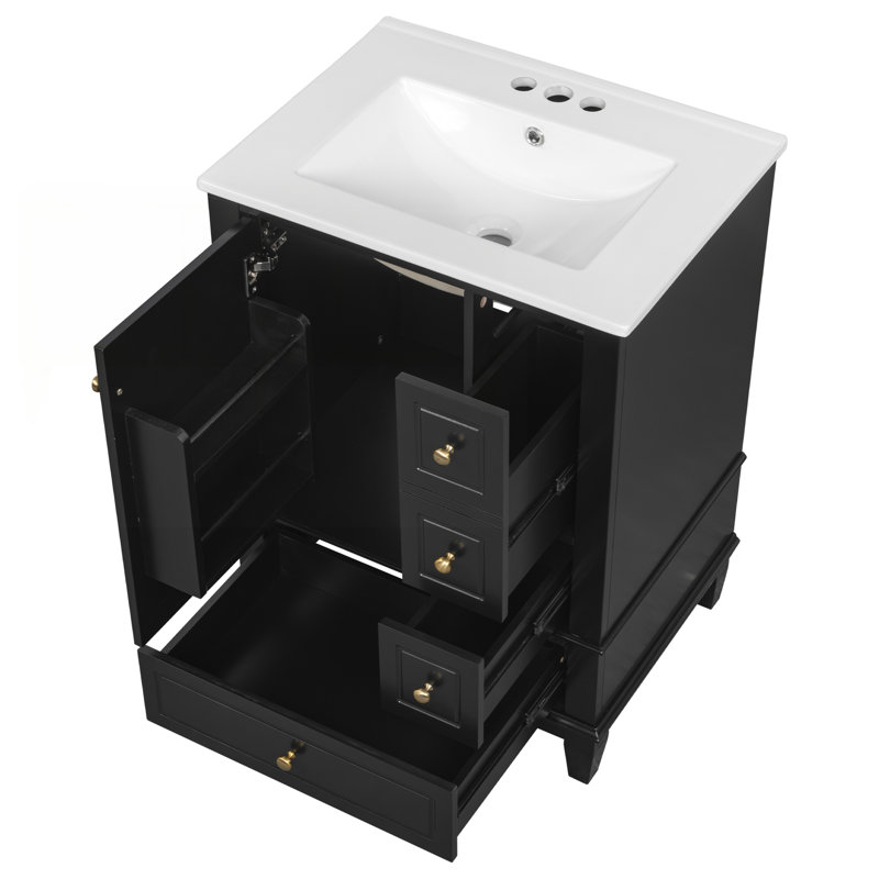 Meuble-lavabo moderne de 24 pouces avec lavabo en céramique, tiroirs et tablettes de rangement, idéal pour les petites salles de bain, panneau de fibres à densité moyenne durable et fabrication en bois massif