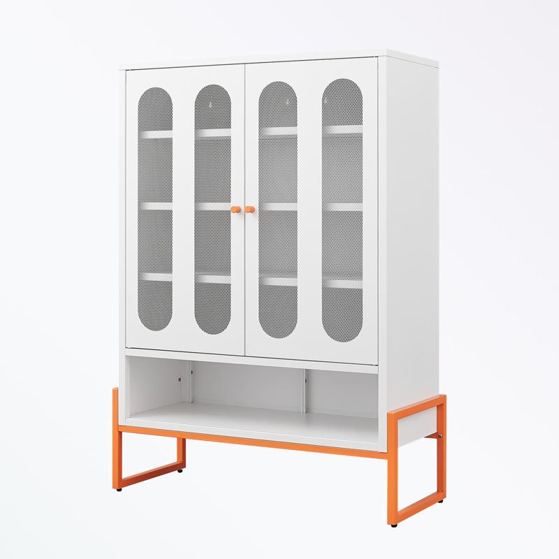 Shoe storage cabinet with two glass doors and open shelf, White