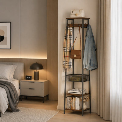 Retro Brown And Black Entryway Clothing Rack, Floor-Standing Design With 7 Hooks, Practical Coat Rack With Metal Basket And Storage Shelf.