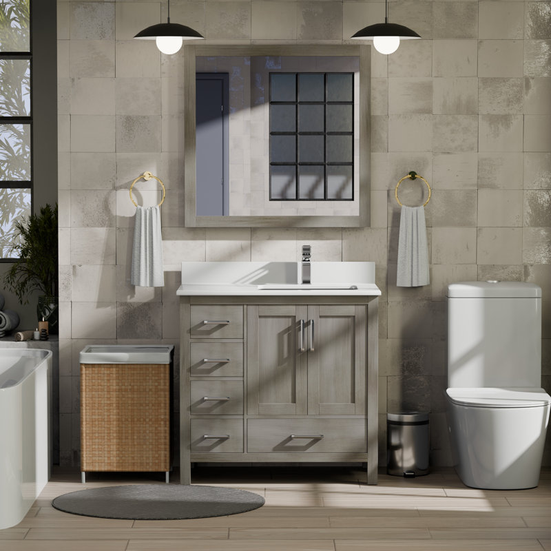 Meuble-lavabo décalé à droite et dessus blanc 36 po x P 22 po Jacques, Gris patiné, Quartz blanc