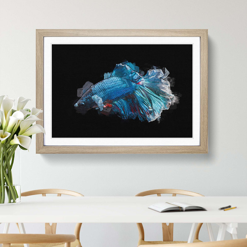 Blue Siamese Fighting Fish in Abstract - Picture Frame Graphic Art Print, 36cm H x 48cm W x 2cm D, Oak Framed