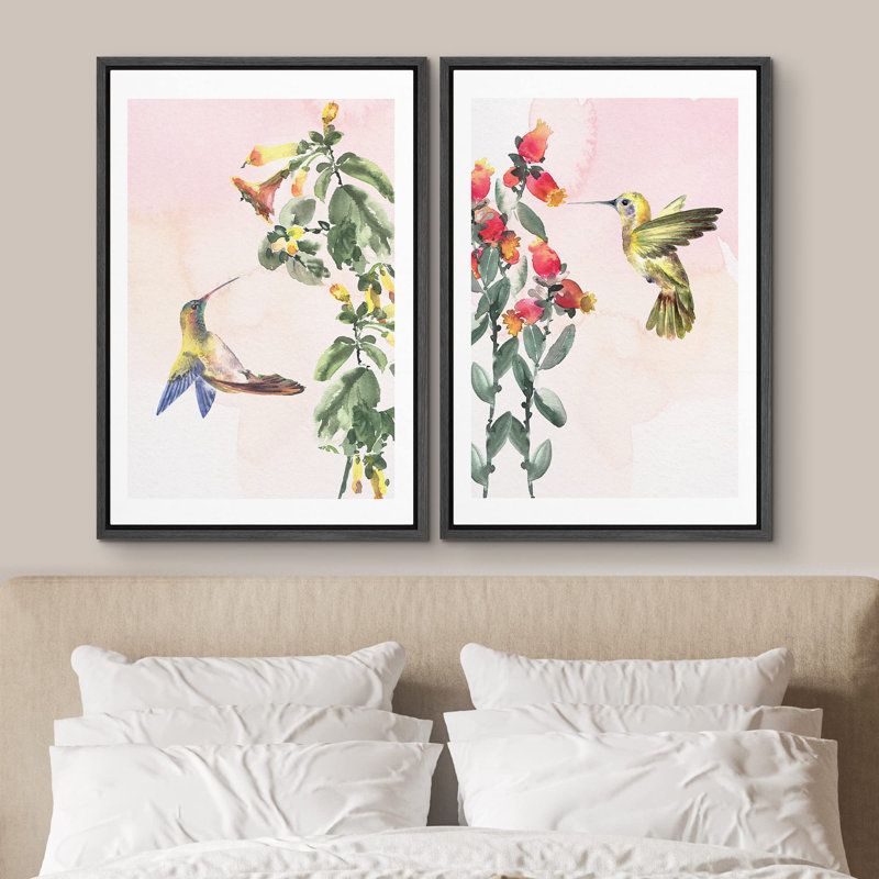 Bleu, aquarelle, floral, colibri, nature sauvage, illustrations, chic, gros plan, coloré, Noir, H 24 po x l 16 po