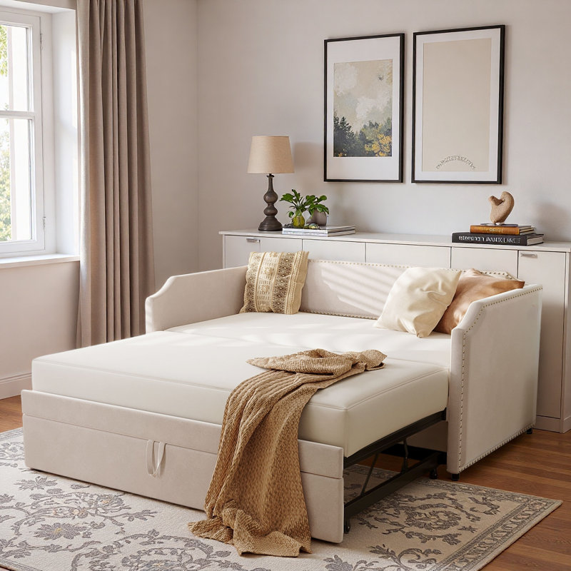 Velvet Upholstered Daybed With Pop Up Trundle And Nail Head Decoration, Beige