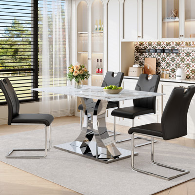Ensemble de salle à manger à pieds en acier inoxydable avec interrupteur: plateau en verre trempé blanc de 63 pouces et 4 fauteuils en forme de U (noir / blanc) de style minimaliste moderne