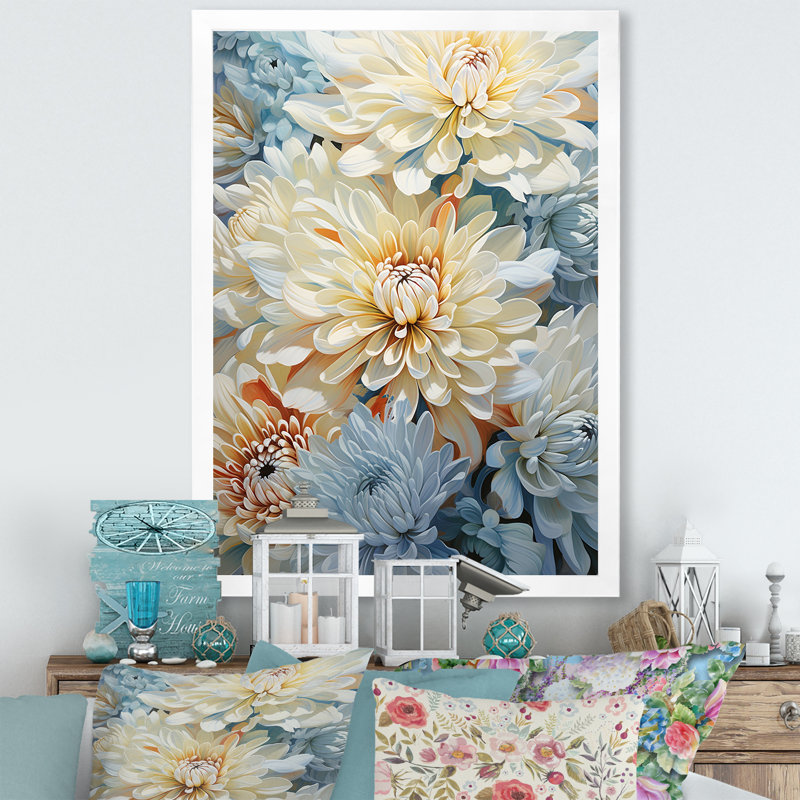 «Simplicity Mums Bloom» en beige et bleu discret sur toile, H 44 po x l 34 po x P 1,5 po, Cadre simple blanc