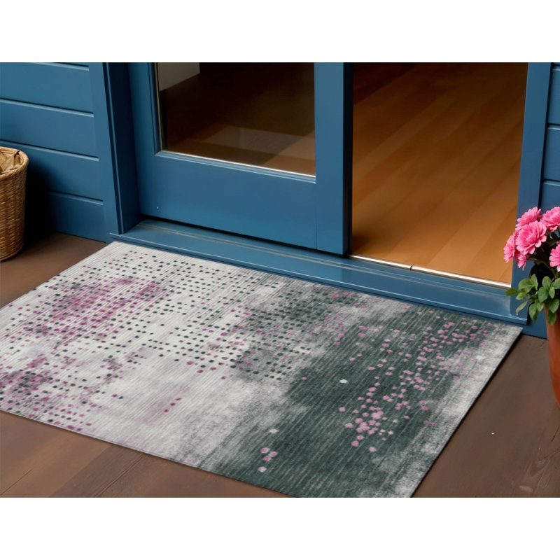3' X 5' Blush And Emerald Geometric Washable Indoor Outdoor Area Rug