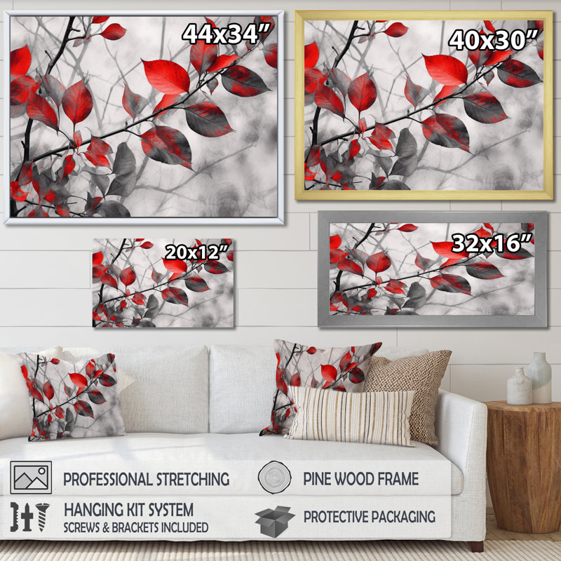 «Red Grey Leaves On Tree IV», reproduction d'art sur toile, H 16 po x l 32 po x P 1 po, Cadre flottant blanc