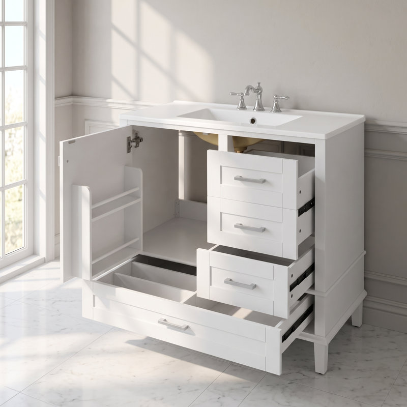 Meuble-lavabo simple Quill de 91 cm (36 po) en blanc éclatant avec comptoir en céramique blanche, portes de style Shaker et rangement à fermeture amortie