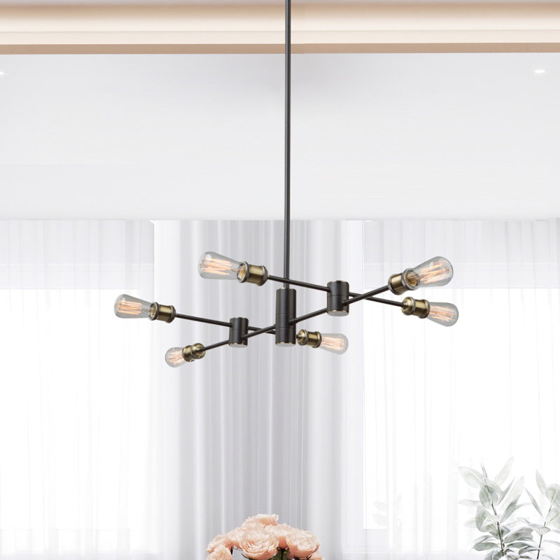 Lustre linéaire moderne de style spoutnik 6 lumières Casmin, Noir mat / laiton satiné
