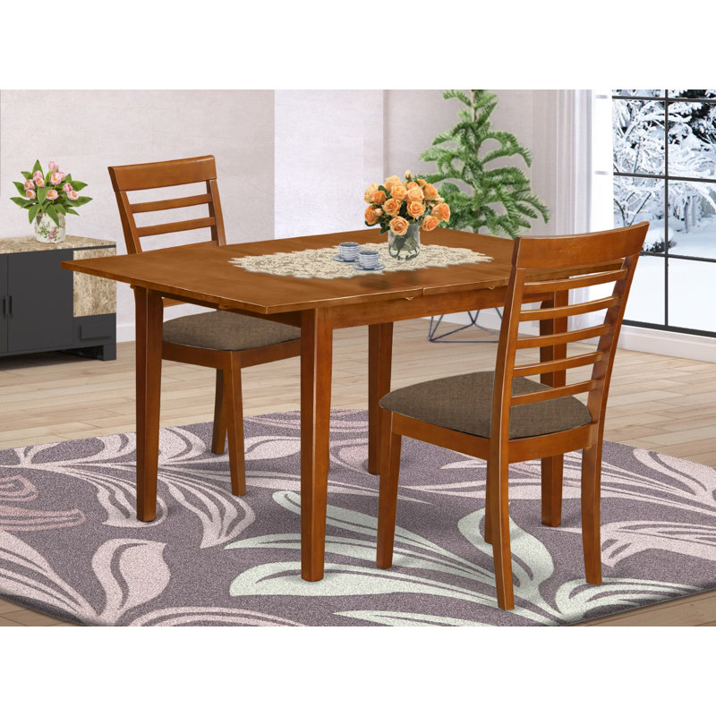 Ensemble de salle à manger 3 pièces comprenant une table de cuisine rectangulaire avec rallonge papillon et 2 chaises rembourrées en lin, 91 x 137 cm, brun selle