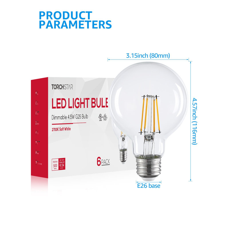 Ampoules DEL G25 à intensité variable, verre transparent, blanc chaud 2700K, certifiées UL, culot E26, 6