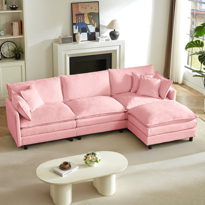Modular Sectional Sofa, 110 Inch L Shaped Couch Set for Living Room, 3-Seater Comfy Cloud Couches with Movable Ottoman, DIY Combination, Chenille, Pink
