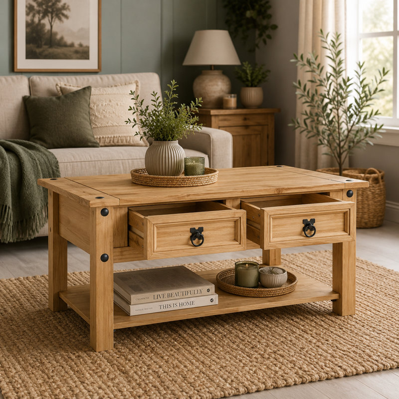 Coffee Table with Storage 2 Drawer Solid
