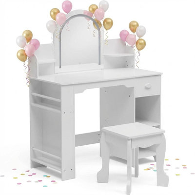 Kids Vanity Desk with Mirror and Lights, Makeup Vanity Table with Stool, Bookshelf, Drawer & Open Shelves, Wooden Princess Dressing Table for Little Girls Bedroom or Playroom