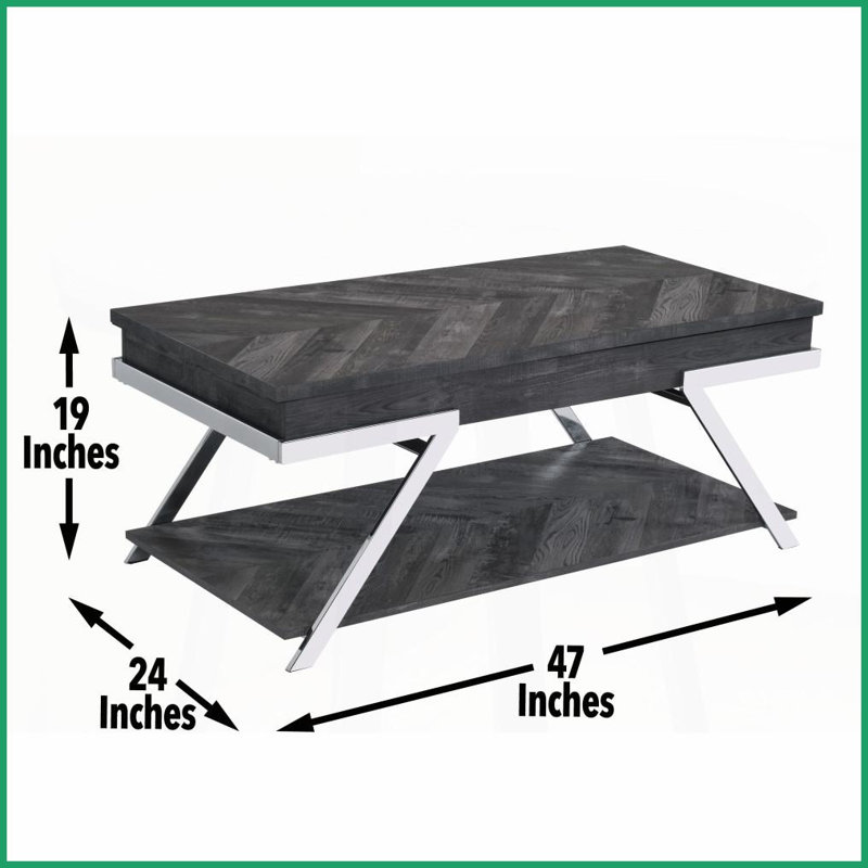 Table basse à plateau relevable gris Roma - plateau Silvershield® aspect bois résistant aux égratignures, rangement peu encombrant