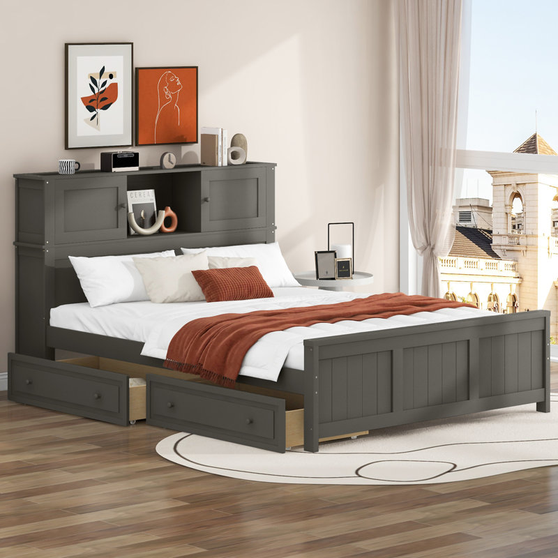Lit plateforme avec tête de lit et porte coulissante, Gris