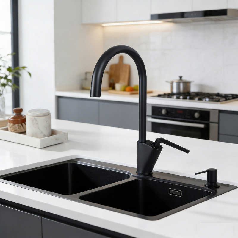 Robinet de cuisine à poignée simple High Arc avec conduites d'alimentation et valve