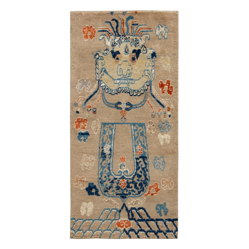 Rug & Kilim’S Chinese Tiger Runner In Beige And Blue Pictorial Patterns, Runner 3' x 14'
