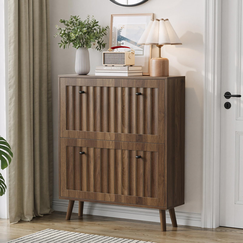 Medieval-Style Modern Shoe Cabinet, Upright Shoe Storage Unit With Vertical Grooved Finish, 37.4" H x 31.5" W x 9.45" D