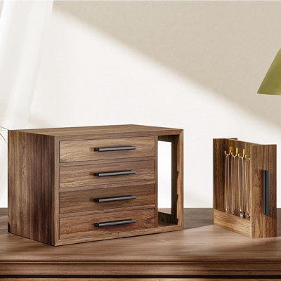 Organisateur de bijoux en bois avec fenêtre transparente, boîte de rangement de bijoux 4 couches