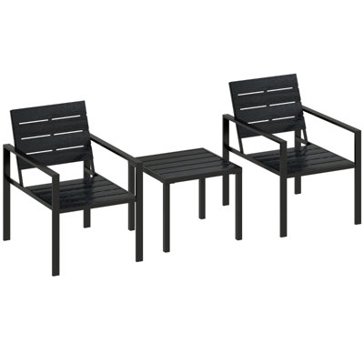 3 Piece Black Garden Bistro Set for 2 with 2 Chairs and Slatted Top Coffee Table, HDPE and Steel Frame Balcony Patio Furniture