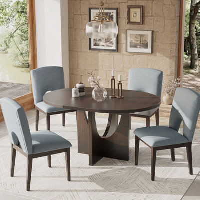 5-Piece Extendable Round Dining Table Set With Removable Leaf For Small Places