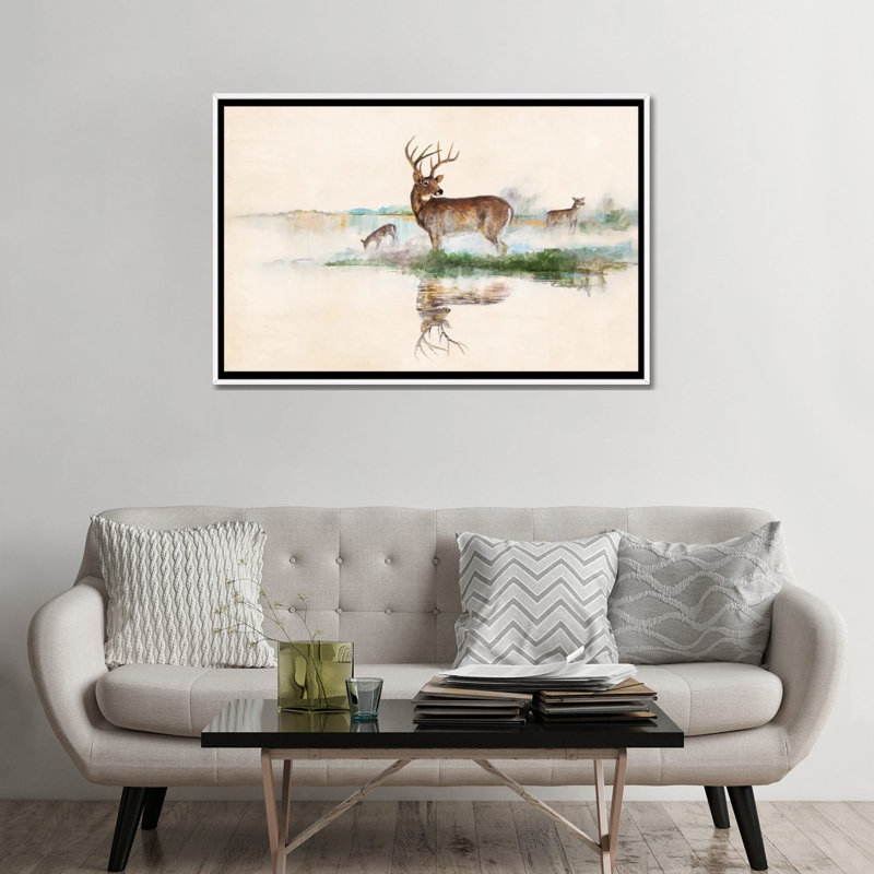«Misty Deer» par Ruane Manning - reproduction d'art, H 32 po x l 48 po x P 1,5 po, Toile blanche encadrée, Aucun mat