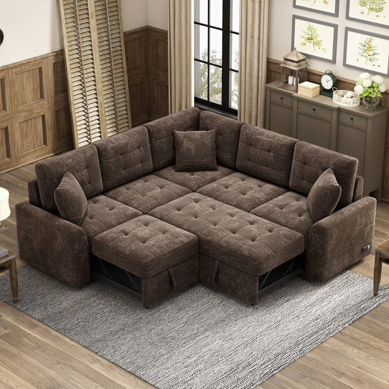 82.6" Sofa Bed Pull-Out Sleeper Sofa With Wheels, USB Ports, Power Sockets For Living Room, Brown