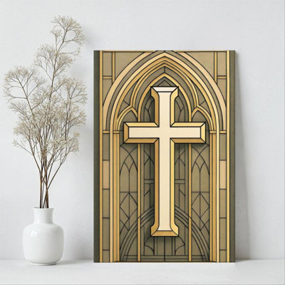 1Pc Framed Canvas Poster Print Cross, Gothic Arch Window, Religious Art Style Wall Art Wall Pediments, Wall Decor, Perfect for Room Decor Living Room