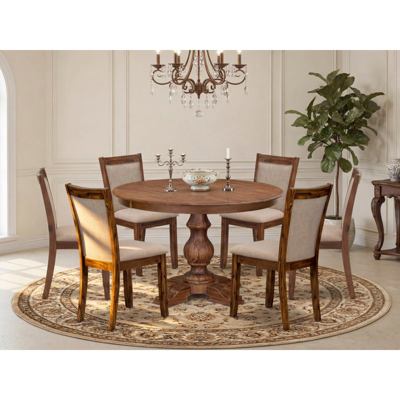 7-Pc Dining Set consists of a Pedestal Dinner Table and 6 Light Tan Linen Fabric Padded Chairs with Padded Back- Antique Walnut Finish