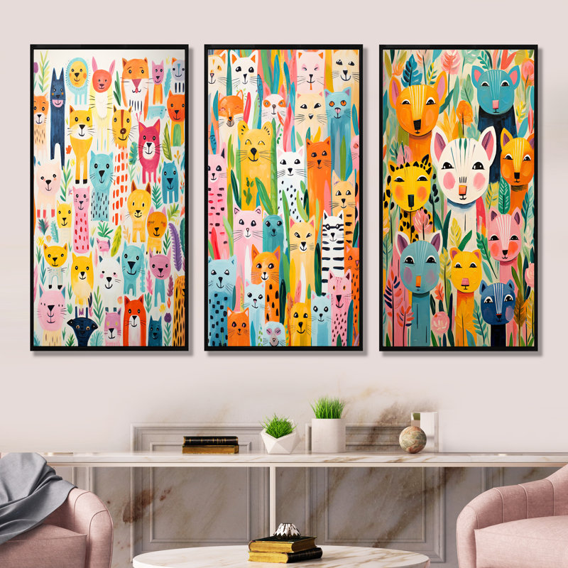 «Nursery Colorful Animal Pattern I», ensemble de 3 reproductions d'art sur toile, H 28 po x l 36 po, Cadre flottant noir