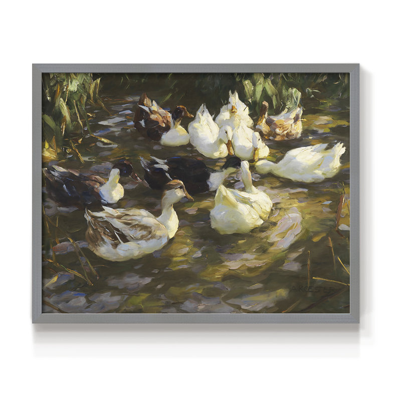 White Ducks in the Pond -Framed Print - Restickable, 11" H x 14" W, Gray