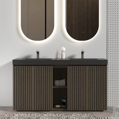 GALAN60F" Smoked Oak Bathroom Vanity with Sink, Large Storage Freestanding Bathroom Vanity for Modern Bathroom, One-Piece Black Sink Basin without Drain and Faucet, KD