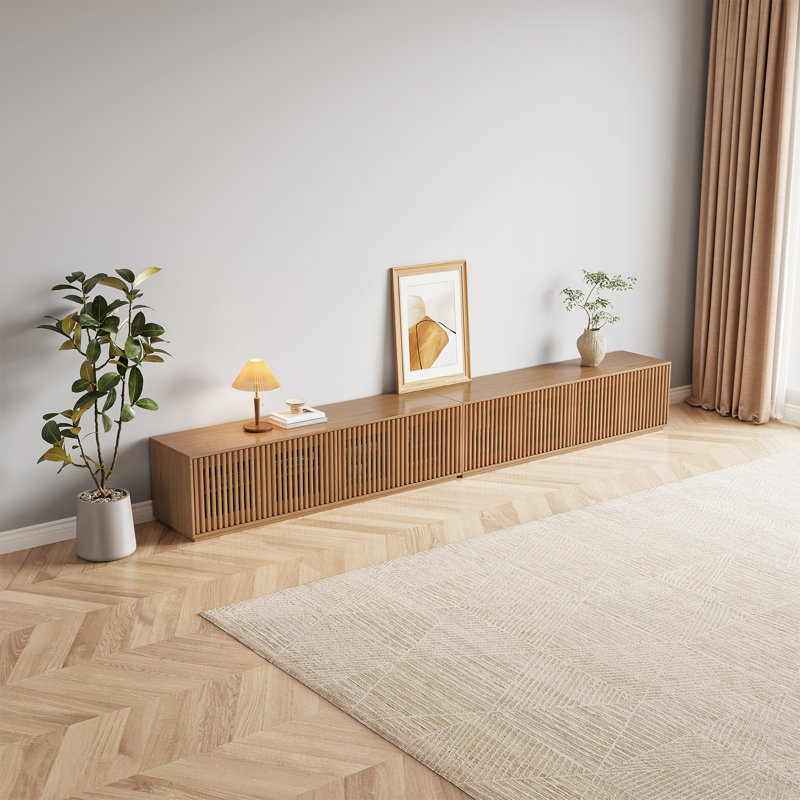 Wood Grain Slatted TV Stand, Modern Low Profile Media Console Cabinet with Storage Shelves, 42cm H x 320cm L x 40cm D