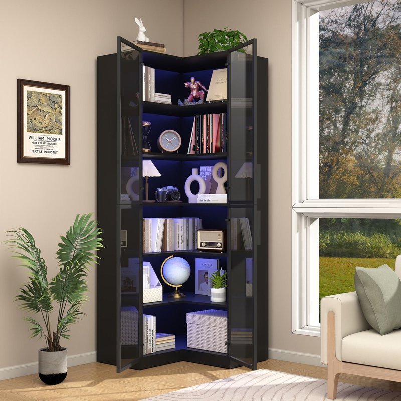 Corner Display Cabinet with Glass Doors, 6 Tier Large Corner Shelf Storage Display Rack for Living Room Home Office