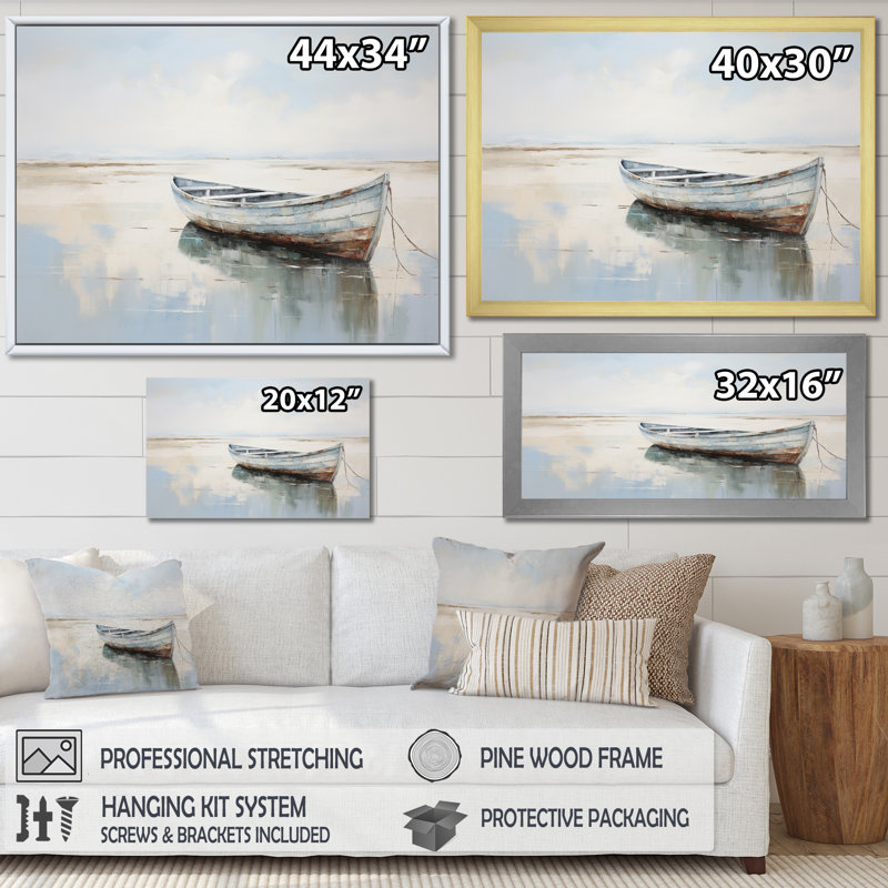 Bleu et blanc, petit bateau au bord du lac I - impression sur toile, H 30 po x l 40 po x P 1,5 po, Cadre flottant naturel