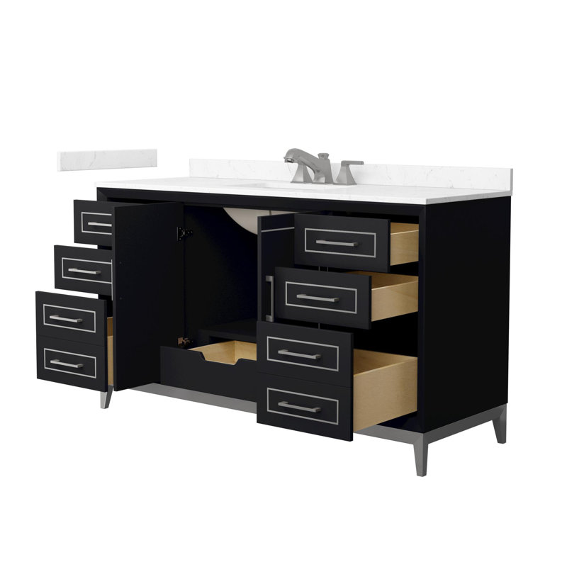 Meuble-lavabo autoportant simple avec plateau en marbre Marlena, Noir, Nickel brossé, 42"