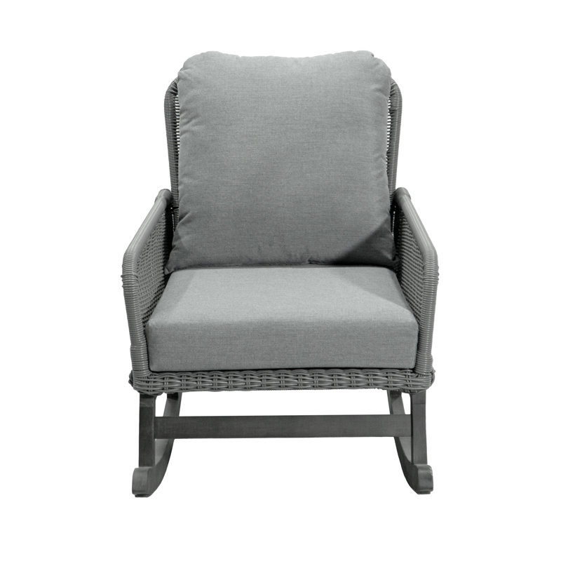 Chaise berçante minimaliste en osier gris avec coussins moelleux, structure intérieure / extérieure en bois | Idée de cadeau