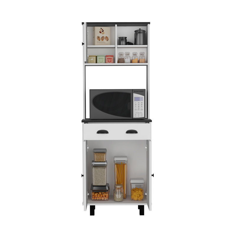 Garde-manger avec 2 armoires, 2 tablettes ouvertes et un tiroir, Blanc/Noir