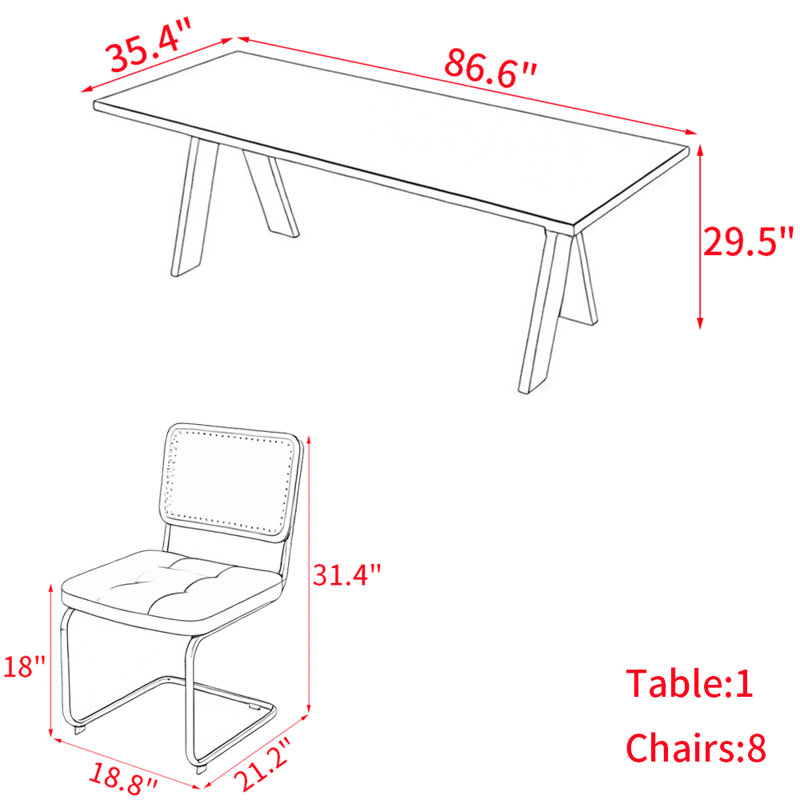 Japanese style solid wood dining table set, 29.50"H x 86.60"L x 35.40"W