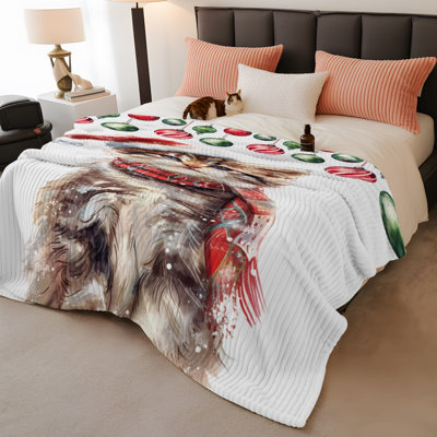 Couverture polaire de Noël pour chat, motif boules de Noël abstraites, rouge et verte, en flanelle en microfibre, idéale en toute saison, légère et douce pour animaux de compagnie, 127 x 102 cm. De plus, un sac fourre-tout en toile avec un chat et un chapeau de Noël vous est offert.