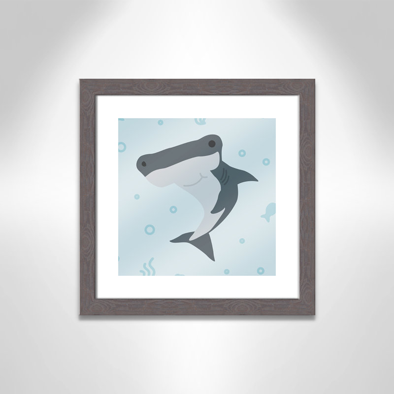 Impression sur papier Happy Hammerhead, H 16 po x l 16 po x P 0,6 po, Encadré plat à grain de bois gris