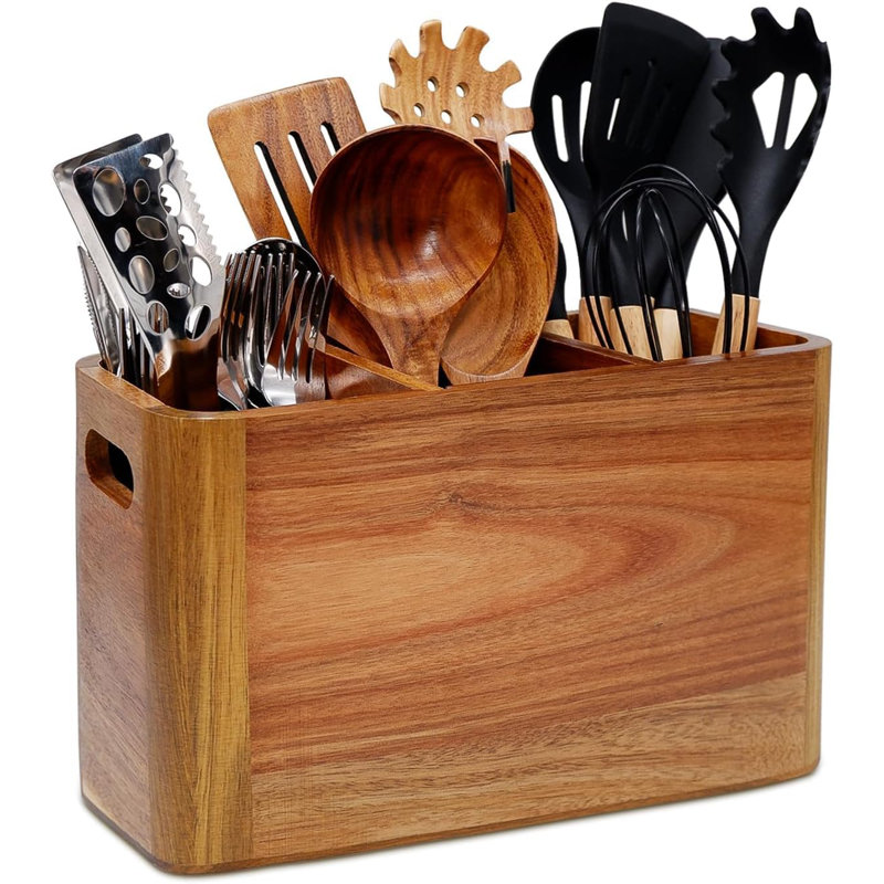 Porte-ustensiles de cuisine en bois avec 3 compartiments, séparateurs amovibles, fixation murale et base antidérapante pour le rangement sur le comptoir