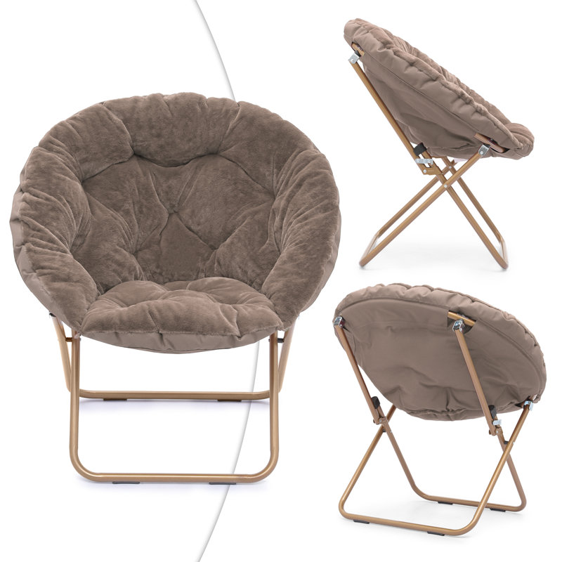 Marquice Folding Cozy Accent Chair with Ottoman, Saucer Chair with Footrest for Garden, Living Room, Beige Synthetic Fur
