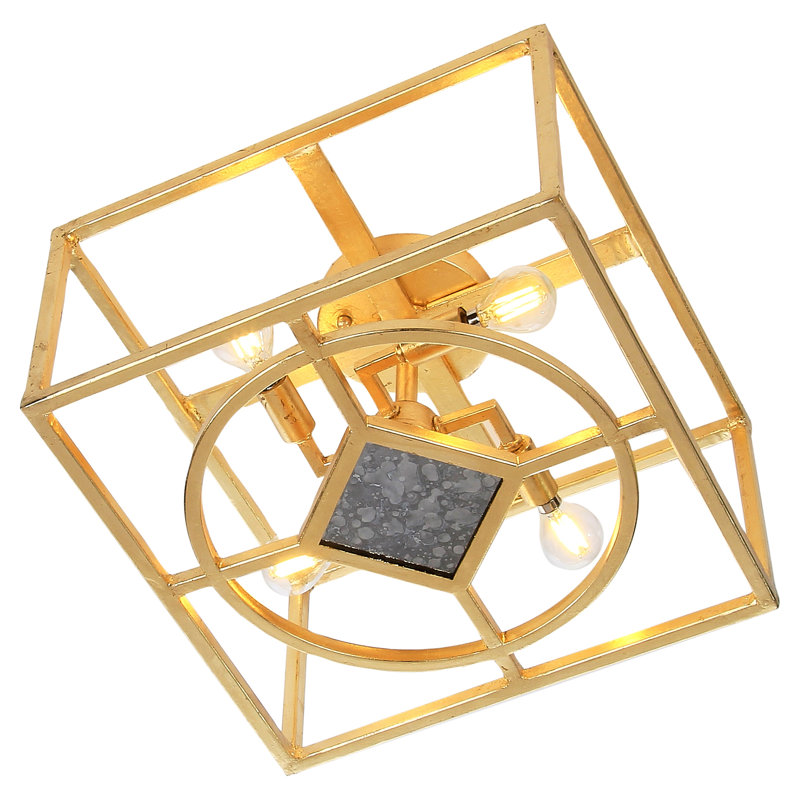 Rome 4 - Light 15" Caged Square / Rectangle Flush Mount, Gold Leaf/Flat Black, 9.5" H x 24" W x 24" D
