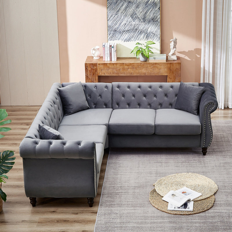 Canapé modulaire de coin 3 pièces Kamily, Velours gris