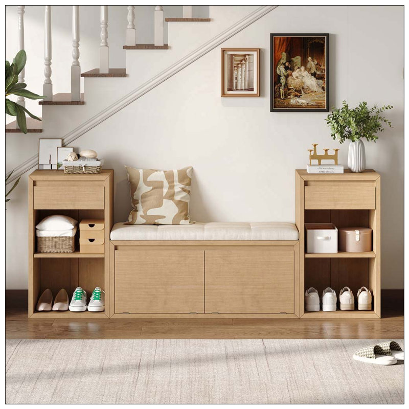 Banc de rangement tout-en-un avec coussin, compartiments, tiroirs et tablettes ouvertes, banc de rangement, Brown