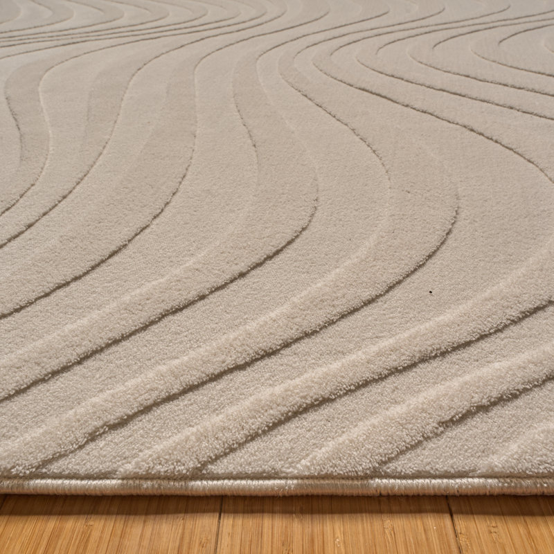 Comhan Lomira Ivory Cream Modern Wave Hi-Low Carved Indoor Shag Area Rug, Plush Polyester – Living Room & Bedroom - Ivory